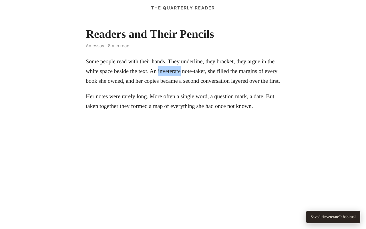 Saving a highlighted word from an article, with its definition
