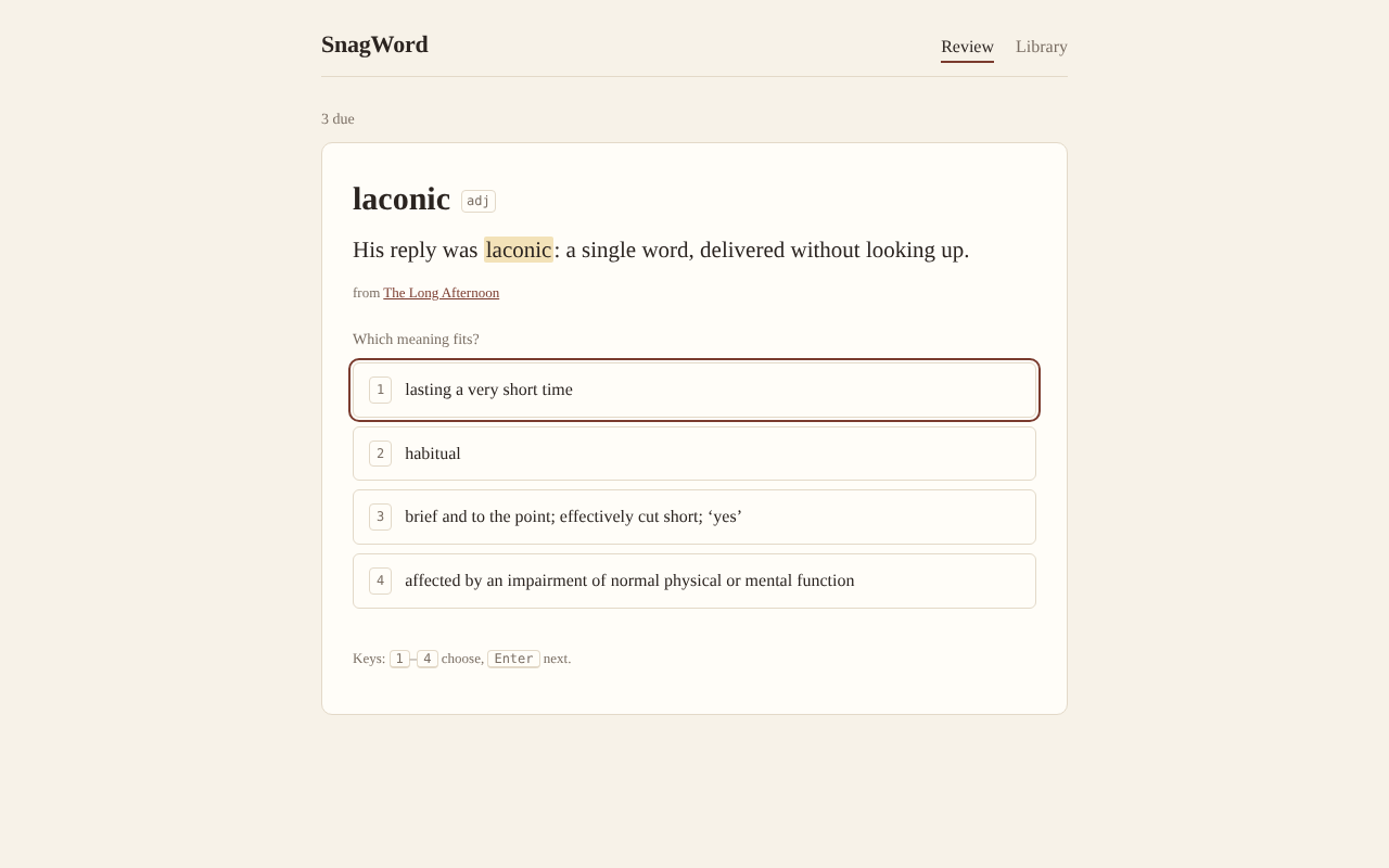 A review: the word in its sentence, with four meanings to choose from